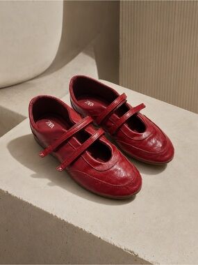 ZARA Red Glossy Double Strap Mary Jane Ballet Flats